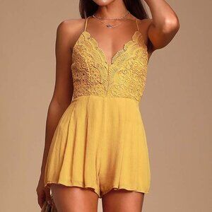 Yellow Backless Lace Romper XS Lulus